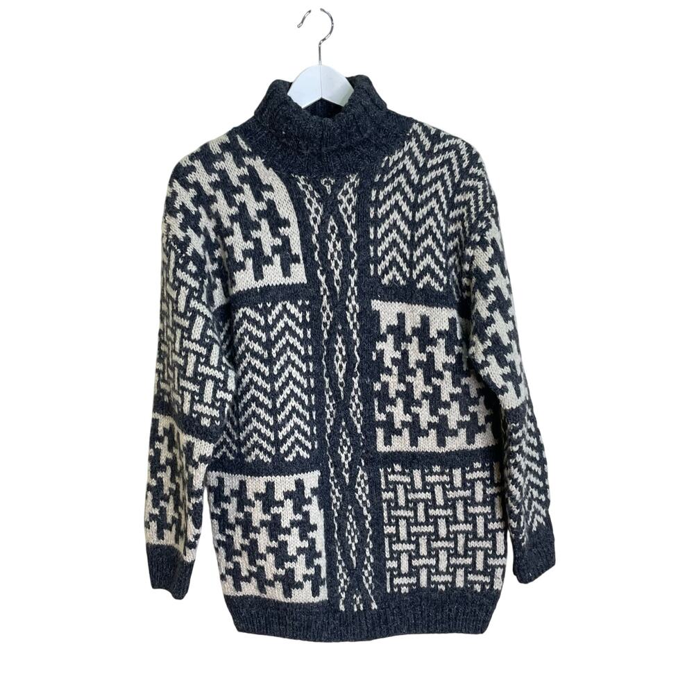 Vintage 90s Wool Sz S Gray & Cream Multipattern Chunky Knit Sweater by Excursion